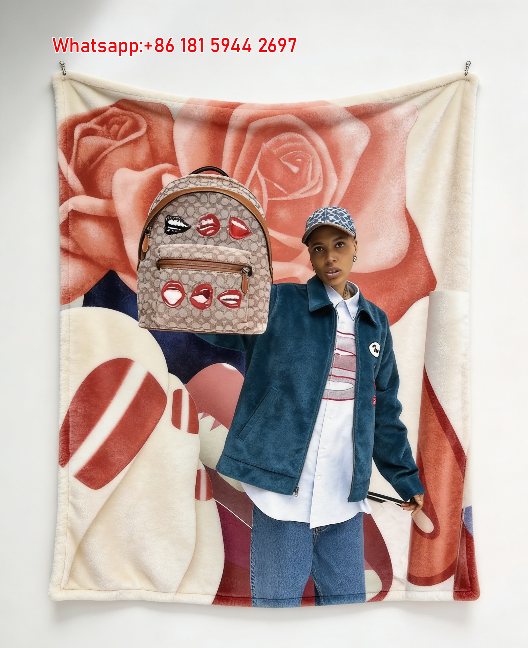 COACH Lips Print Backpack Fashion Art Flannel Throw Blanket for Couch C311